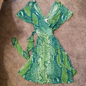 green snake print wrap dress